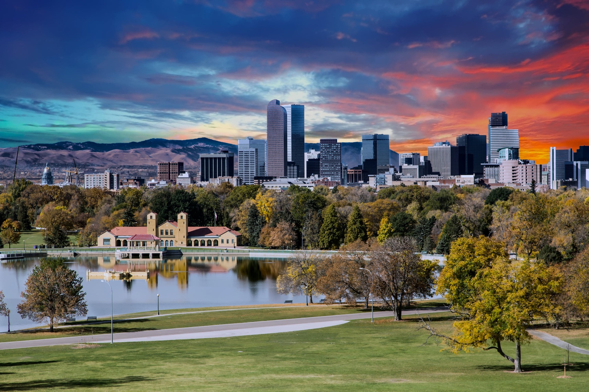 Denver Colorado skyline with Rocky Mountains